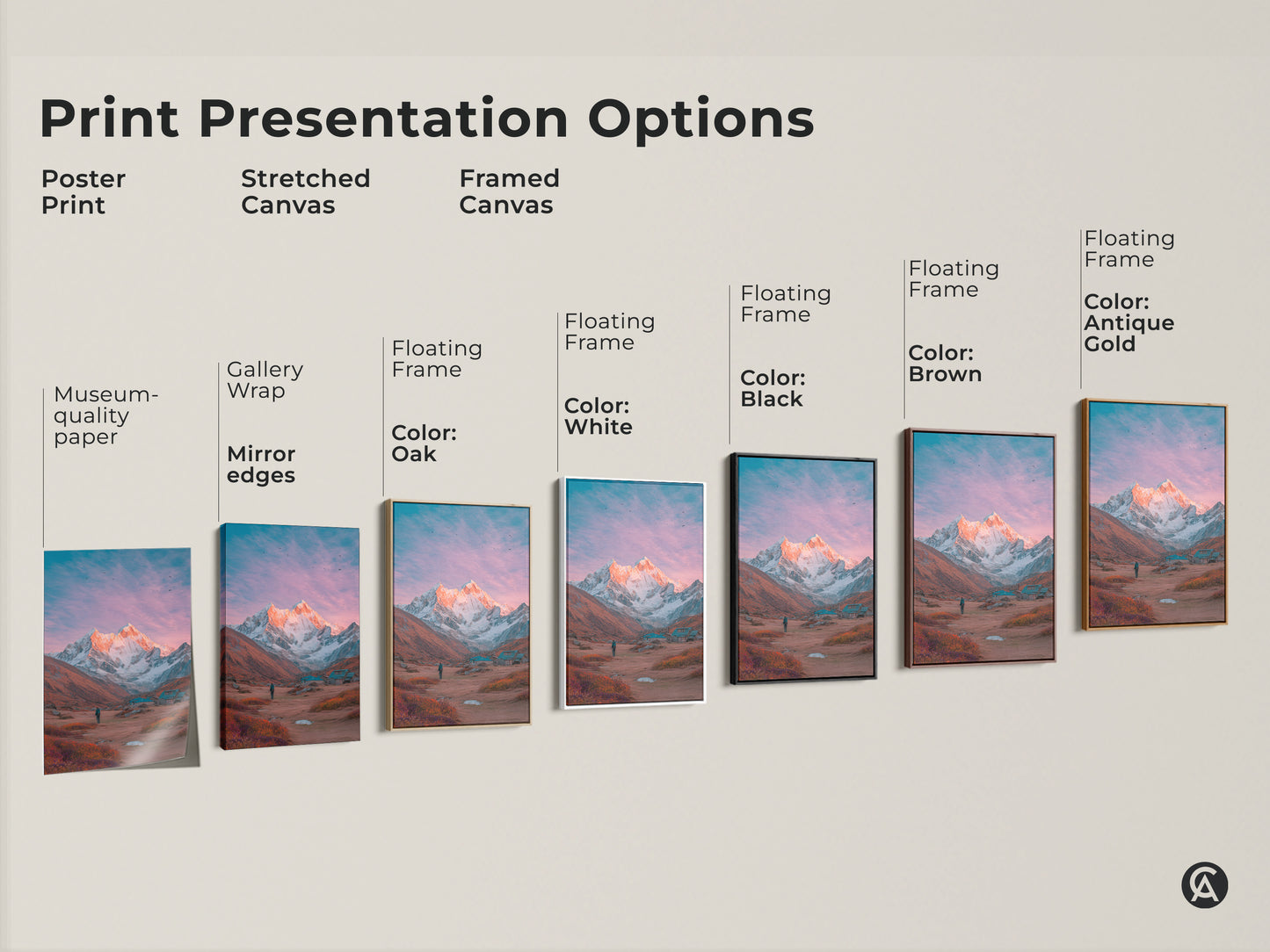 Explore mountain art presentation options. Choose from poster prints stretched canvases and framed canvases. Select a frame color that suits your style. Transform your walls with breathtaking mountain landscapes. Find the perfect mountain artwork today.