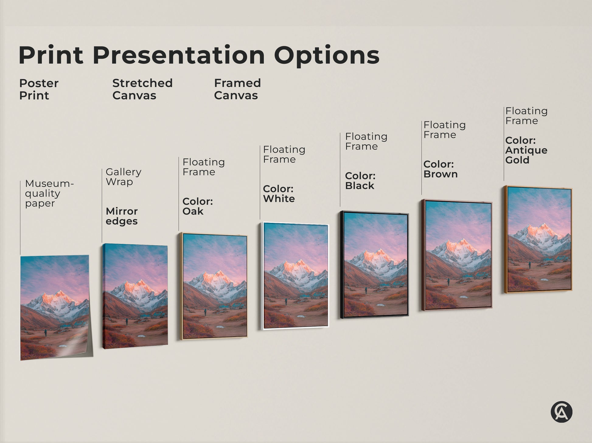 Explore mountain art presentation options. Choose from poster prints stretched canvases and framed canvases. Select a frame color that suits your style. Transform your walls with breathtaking mountain landscapes. Find the perfect mountain artwork today.