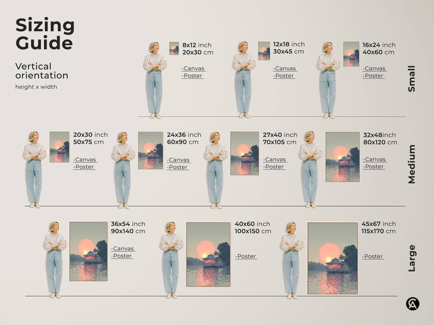 Sizing Guide for Vertical Orientation Bungalow Sunset wall art. Canvas and poster prints available. Sizes range from 8x12 to 45x67 inches. The peach and blue landscape fits coastal and modern home styles.