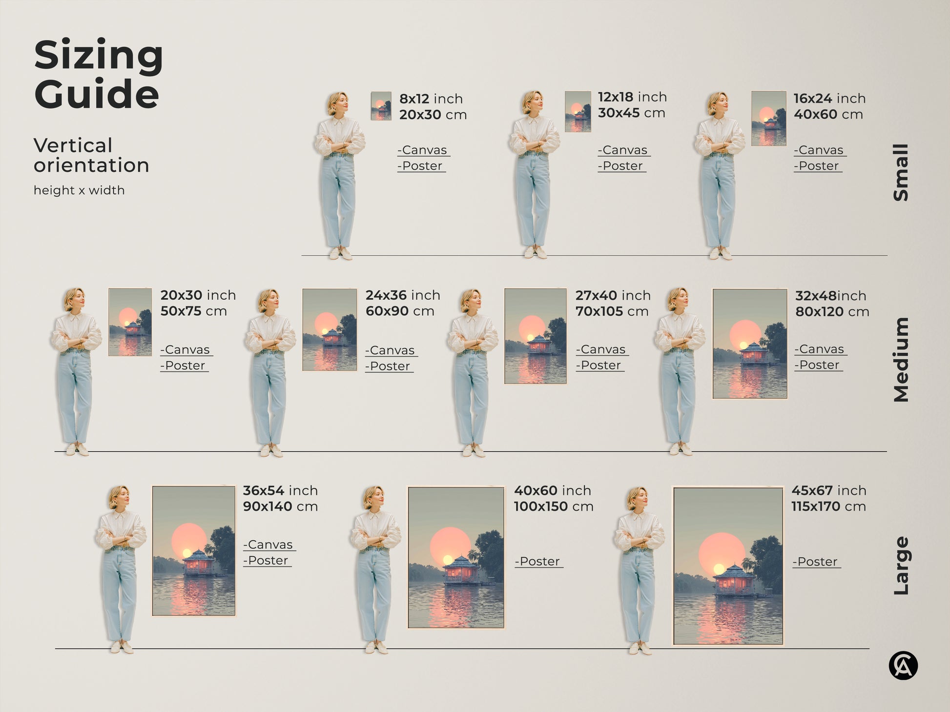 Sizing Guide for Vertical Orientation Bungalow Sunset wall art. Canvas and poster prints available. Sizes range from 8x12 to 45x67 inches. The peach and blue landscape fits coastal and modern home styles.