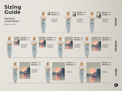 Sizing Guide for Vertical Orientation Bungalow Sunset wall art. Canvas and poster prints available. Sizes range from 8x12 to 45x67 inches. The peach and blue landscape fits coastal and modern home styles.