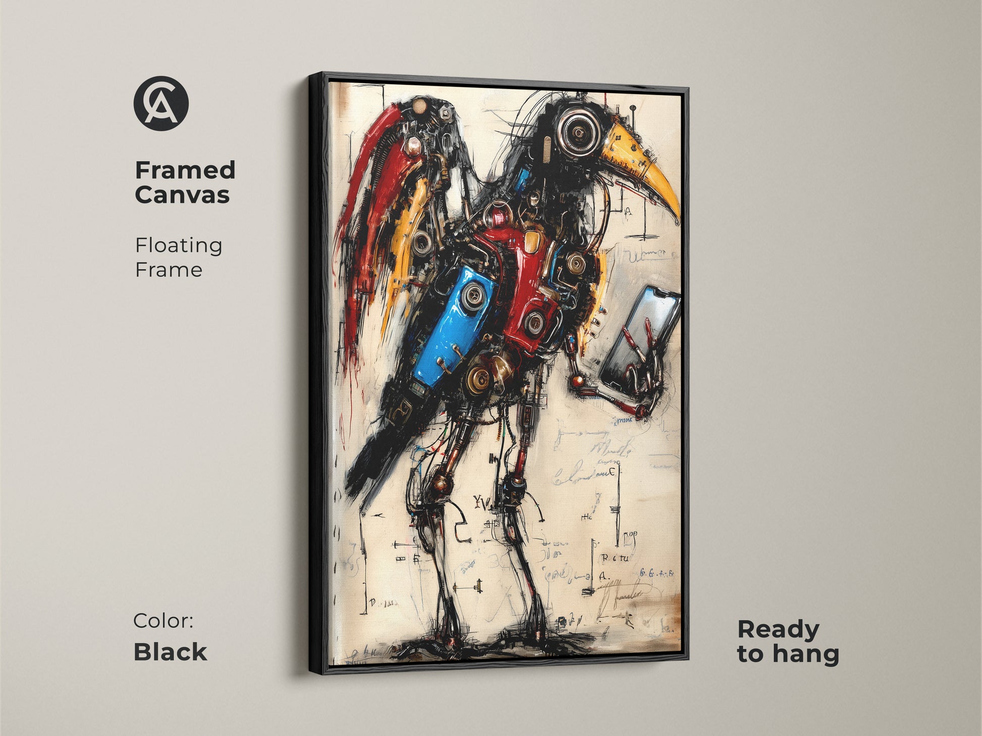 Framed canvas of a Steampunk Mechanical Bird. It is a surreal steampunk fantasy animal art. This art makes for ideal office decor with a red yellow and blue color palette. Makes a great gift for a gadget lover. Ready to hang in any room.