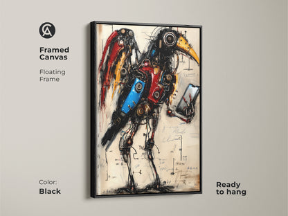 Framed canvas of a Steampunk Mechanical Bird. It is a surreal steampunk fantasy animal art. This art makes for ideal office decor with a red yellow and blue color palette. Makes a great gift for a gadget lover. Ready to hang in any room.
