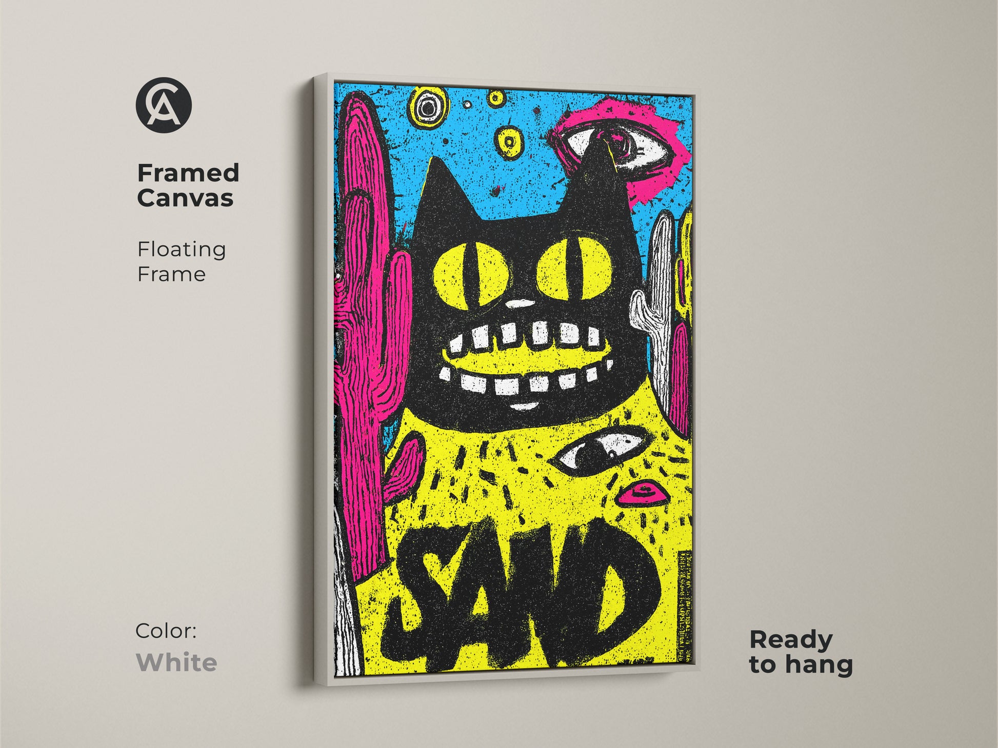 Framed canvas art featuring a black cat and cacti. The floating frame complements the colorful artwork. The white frame provides a clean and modern look. Ready to hang and brighten any space.