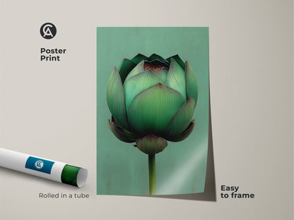 Emerald green lotus flower poster print rolled in a tube. Easy to frame and perfect for Japandi style home decor. Add a touch of minimalist botanical elegance to your living space with this calming floral artwork.