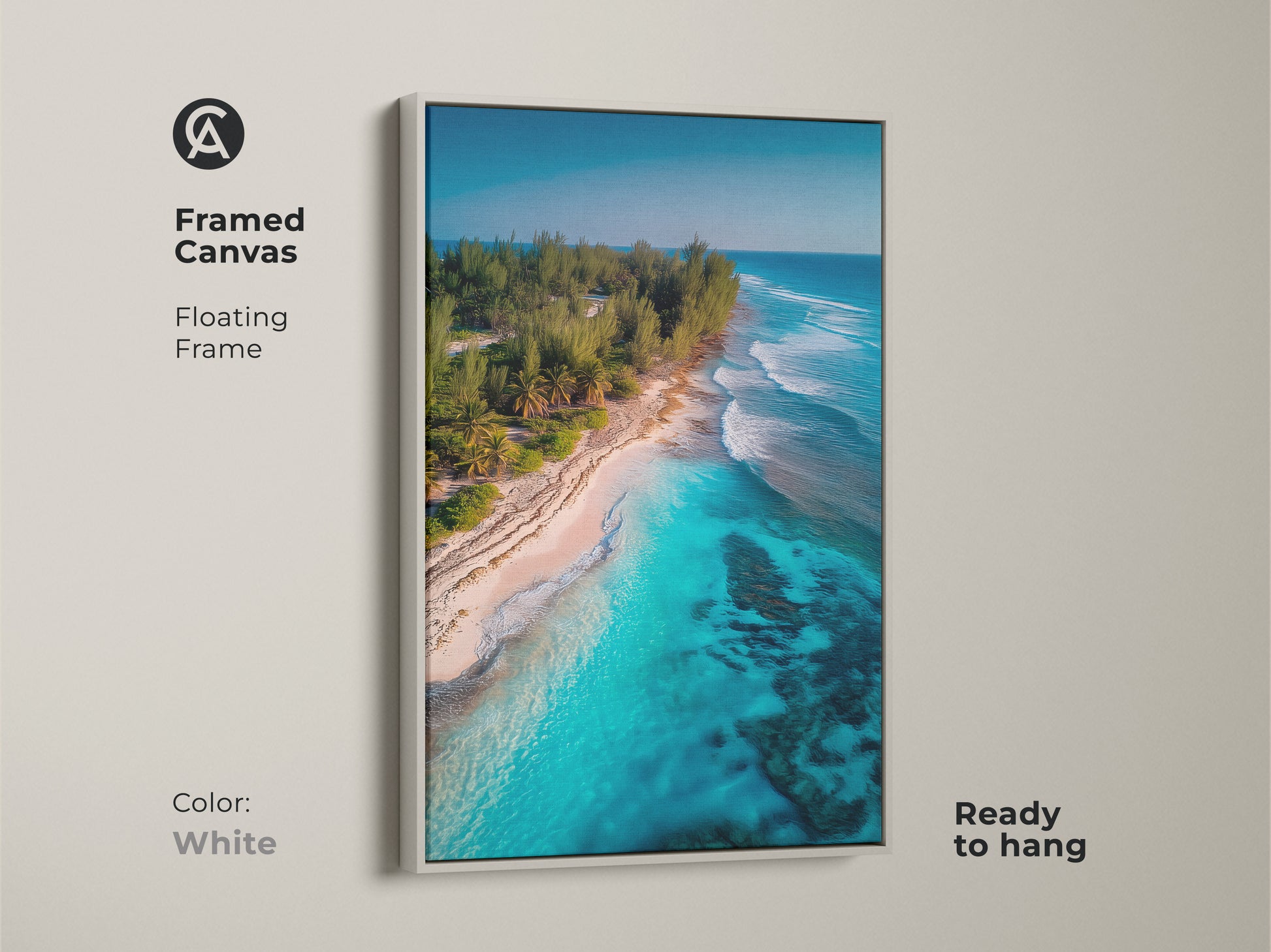 Framed canvas artwork featuring a tropical beach with clear turquoise water. White floating frame offers a clean modern look. Ready to hang this beach artwork complements any decor. Bring the tranquility of the tropics into your home.