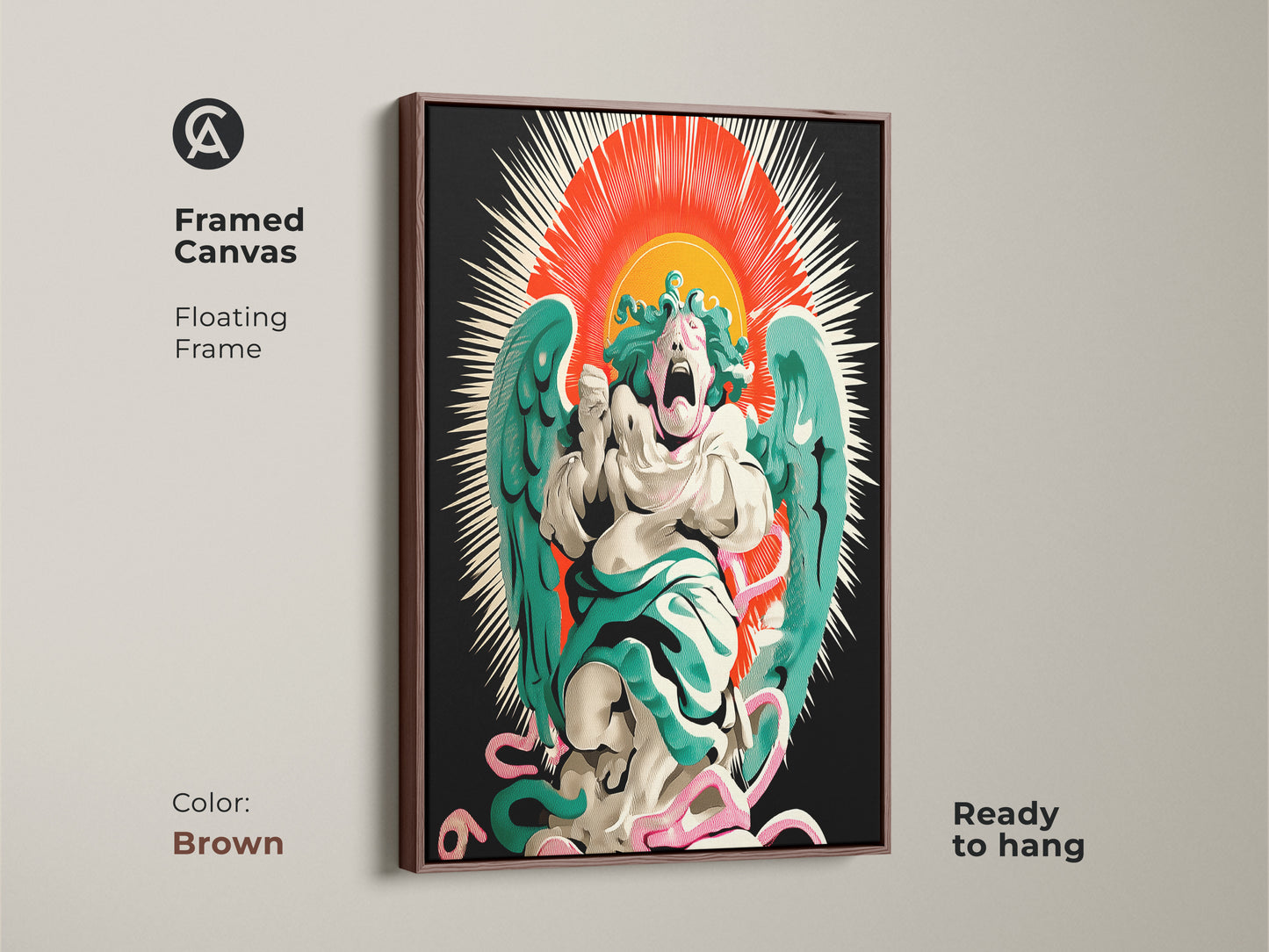 Framed canvas print with antique gold finish. Gothic screaming angel in a surreal sunburst artwork. Features a pop surrealist aesthetic and red orange teal colors. Eclectic home decor choice for art lovers. Ready to hang in your study or office.