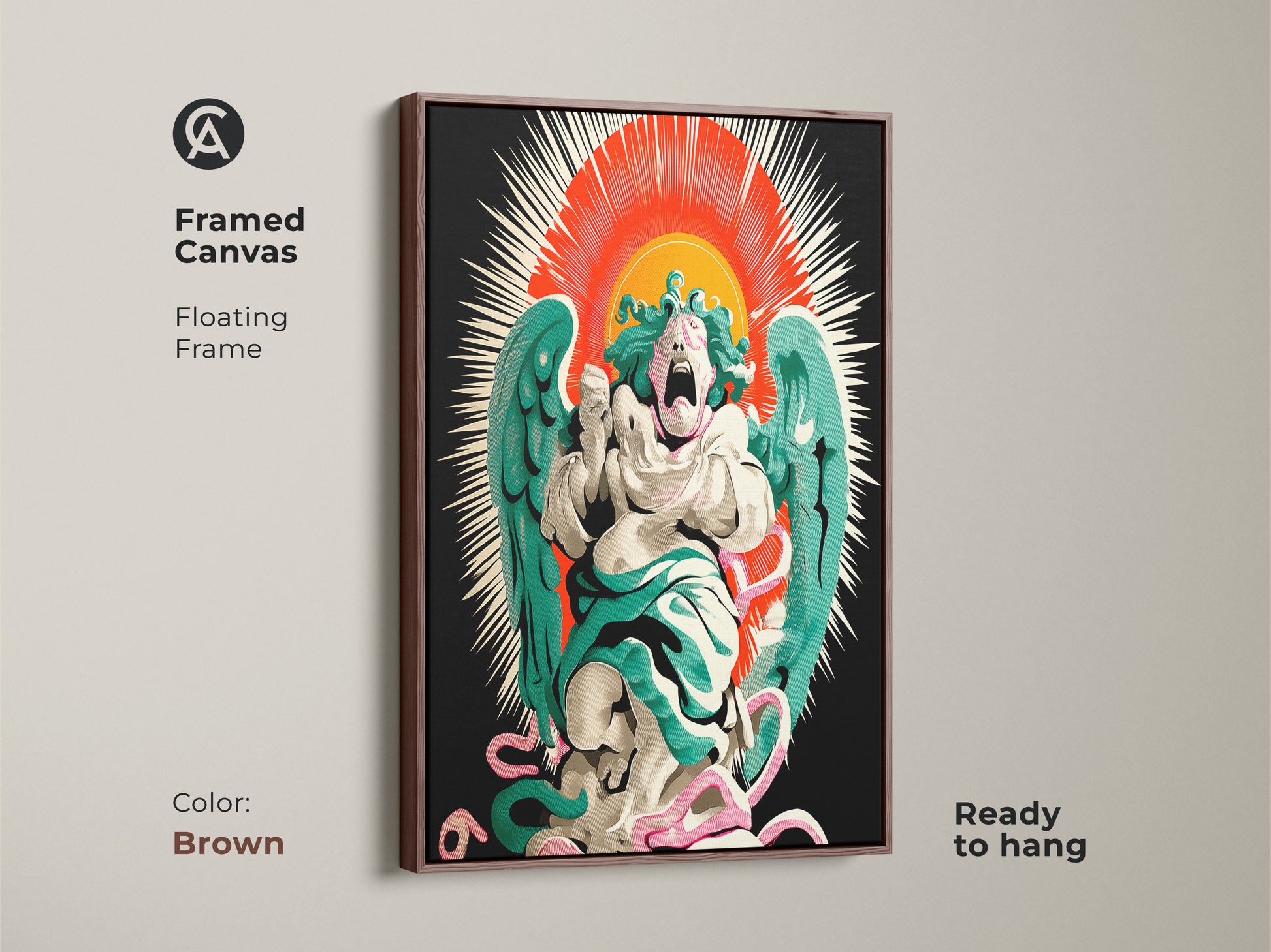 Framed canvas print with antique gold finish. Gothic screaming angel in a surreal sunburst artwork. Features a pop surrealist aesthetic and red orange teal colors. Eclectic home decor choice for art lovers. Ready to hang in your study or office.