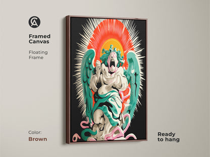 Framed canvas print with antique gold finish. Gothic screaming angel in a surreal sunburst artwork. Features a pop surrealist aesthetic and red orange teal colors. Eclectic home decor choice for art lovers. Ready to hang in your study or office.