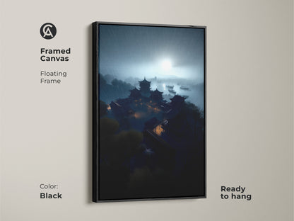 Framed Canvas of a Rainy Night Pagoda Art. This dark academia artwork features Asian architecture. The black floating frame enhances the deep teal and midnight blue tones. Ready to hang this framed asian art print. Perfect for a study room.