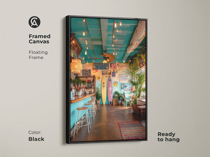 Enhance your home with this framed canvas art featuring a surf shack. The floating frame adds a modern touch. The black frame complements the vibrant beach bar scene. Ready to hang this artwork brings a summery vibe. Perfect for adding a coastal touch to your walls.