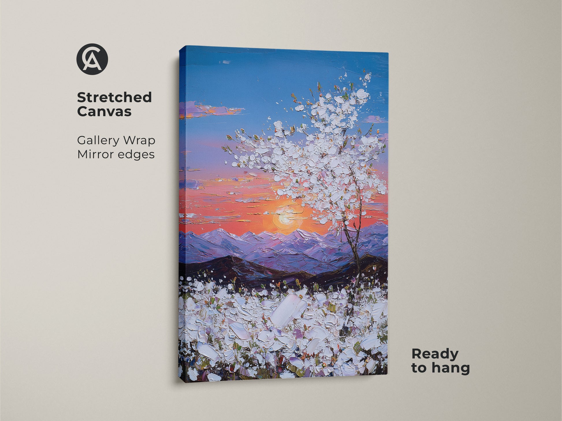 Stretched canvas artwork featuring a sunset mountain landscape. The gallery wrap has mirrored edges. This blue pink orange tree art is ready to hang. A perfect housewarming gift.