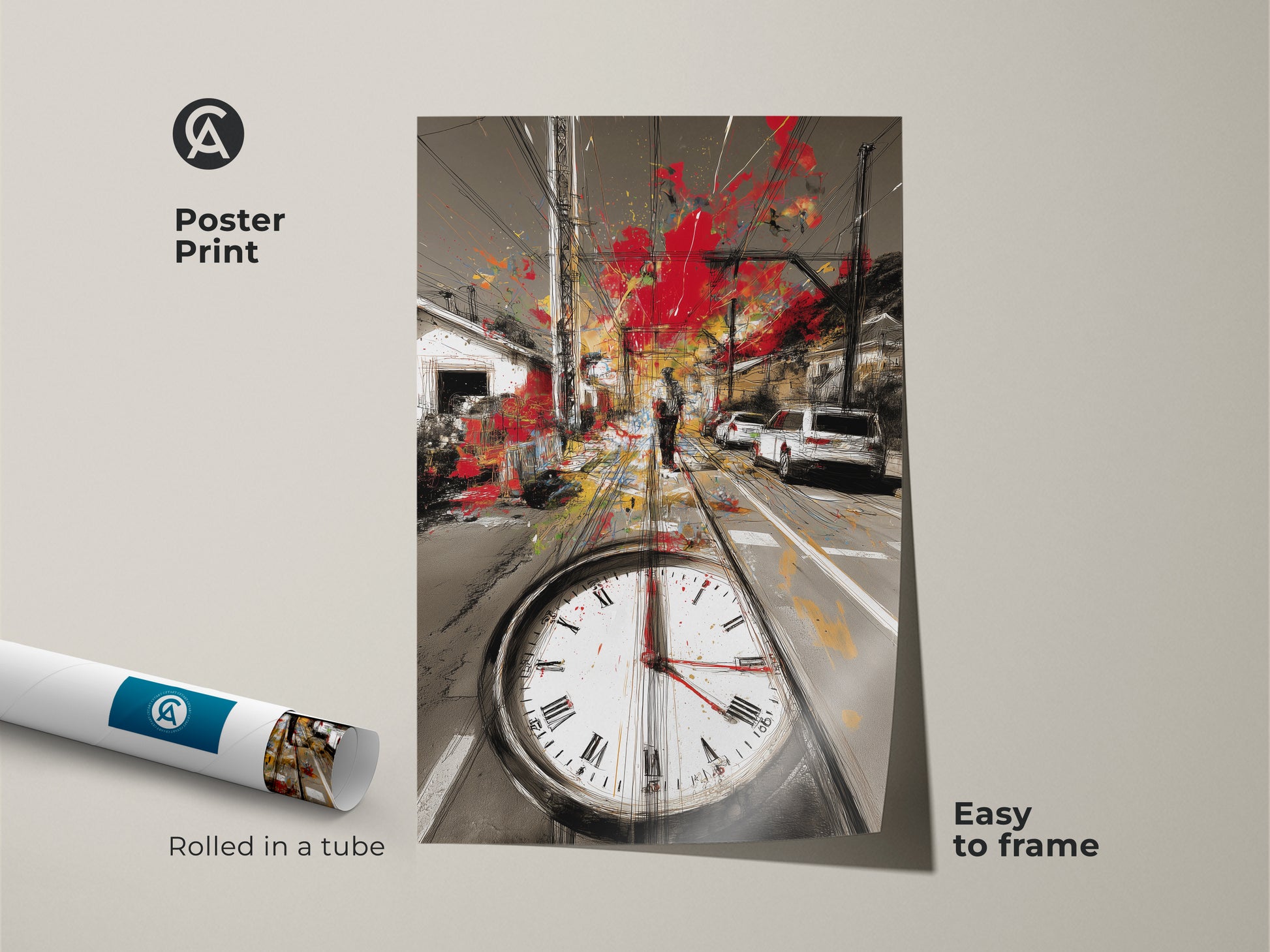 Poster print of an urban cityscape sketch rolled in a tube ready to frame. The abstract expressionism artwork includes tram tracks and clock face. This red gray and yellow art is easy to frame for modern decor.