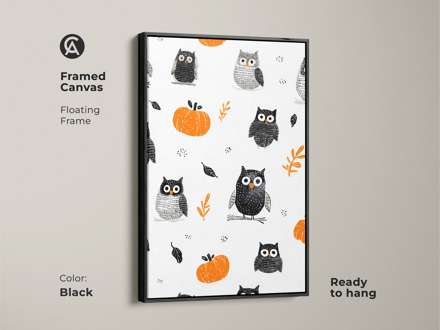 Framed Canvas in a floating frame featuring a Halloween owl and pumpkin artwork. The black frame enhances the whimsical nursery art. Perfect seasonal kids decor this cute animal wall art adds folk art to any room. Ready to hang offering instant charm.