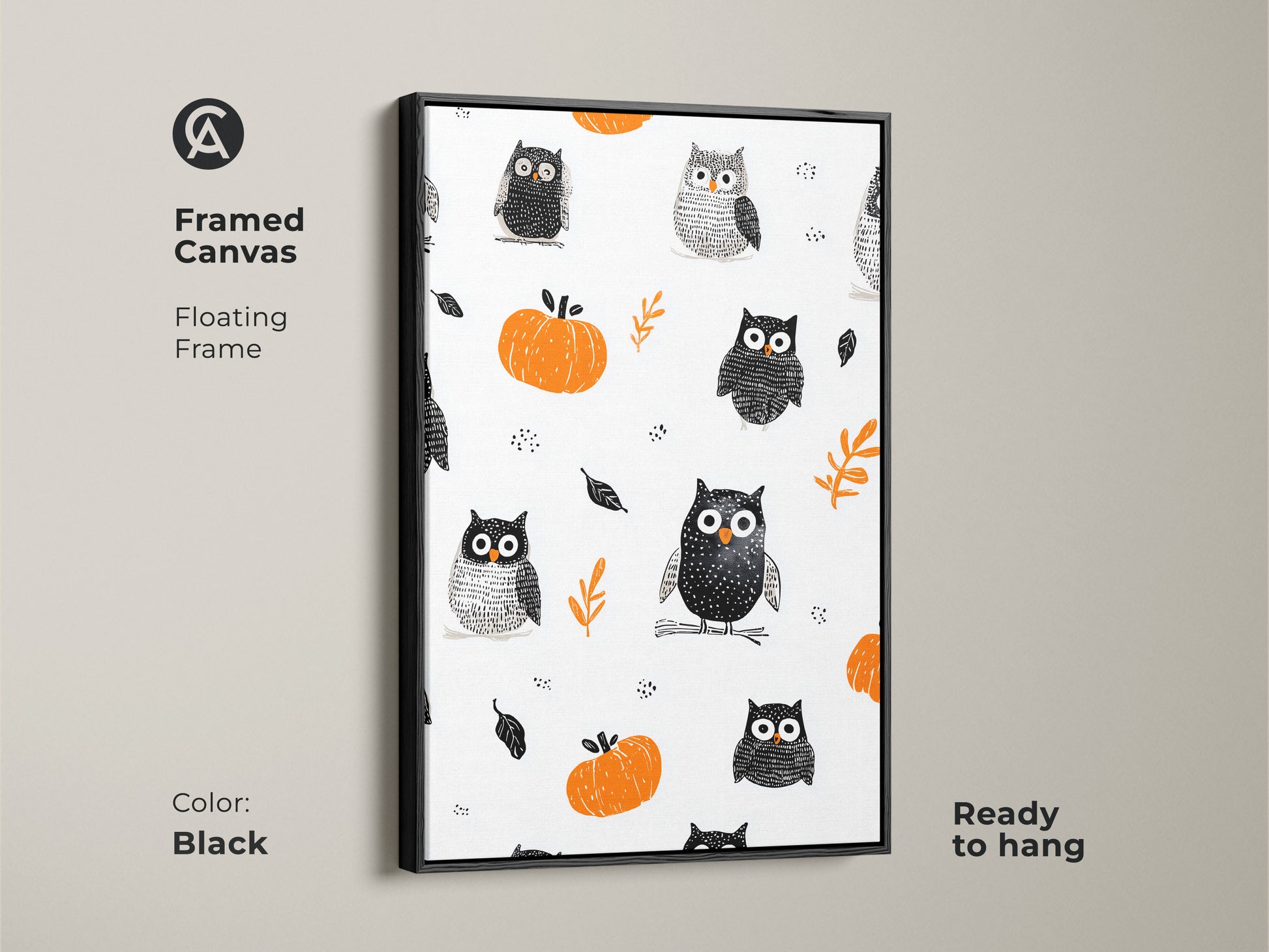 Framed Canvas in a floating frame featuring a Halloween owl and pumpkin artwork. The black frame enhances the whimsical nursery art. Perfect seasonal kids decor this cute animal wall art adds folk art to any room. Ready to hang offering instant charm.