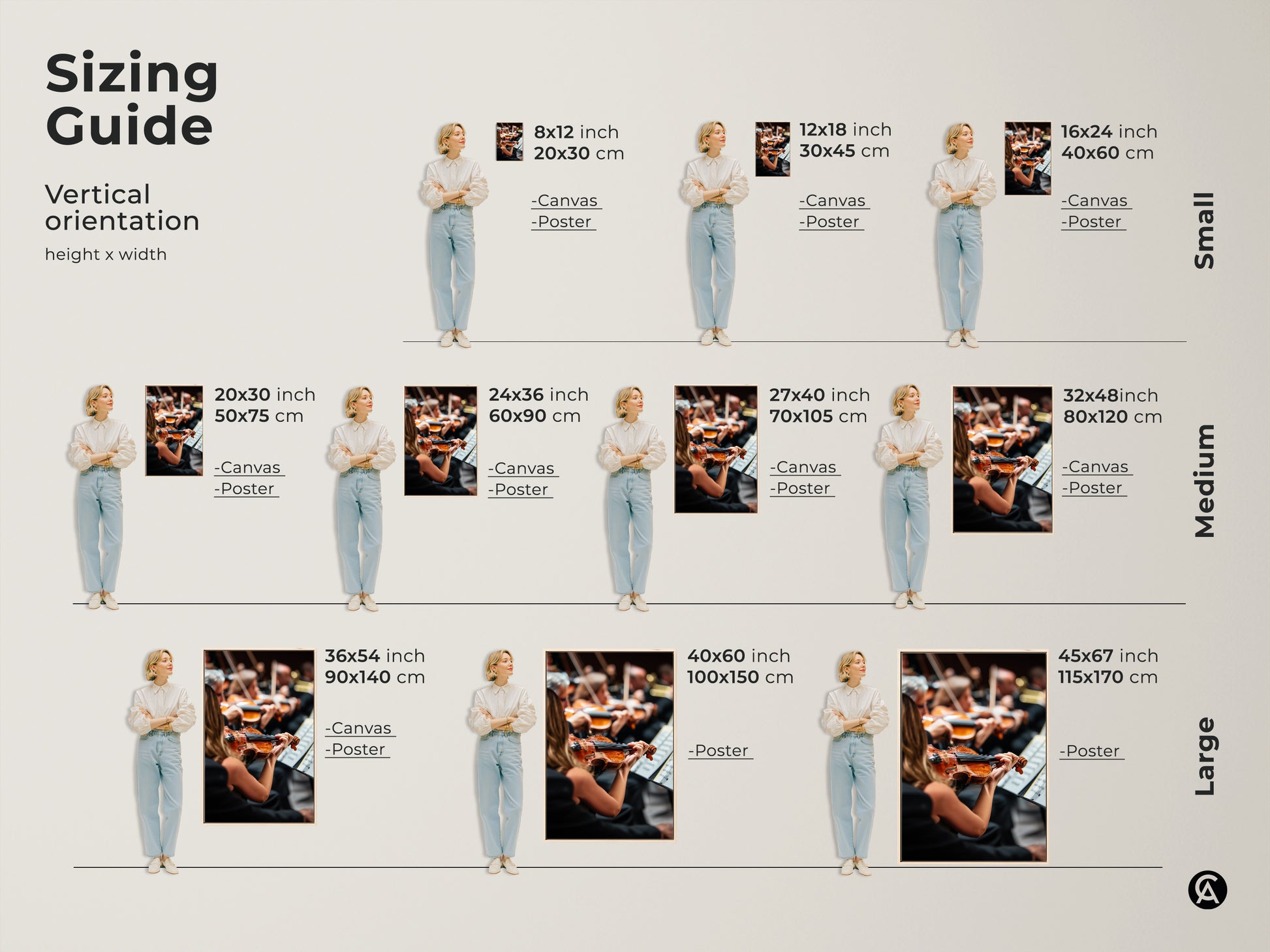 Visualize sizes with this vertical orientation guide. See the orchestra artwork in various dimensions on canvas and poster. Sizes range from small to large. Choose the perfect fit for your space. This guide helps you make an informed decision for your wall art needs.