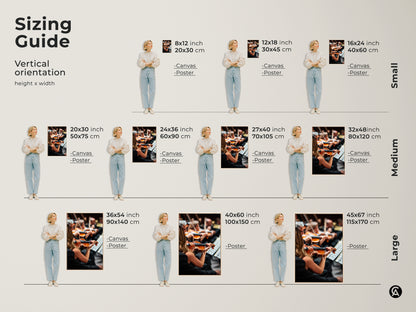 Visualize sizes with this vertical orientation guide. See the orchestra artwork in various dimensions on canvas and poster. Sizes range from small to large. Choose the perfect fit for your space. This guide helps you make an informed decision for your wall art needs.