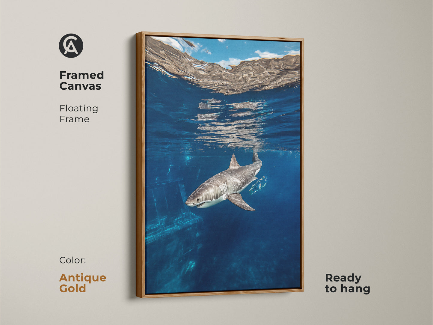 This framed canvas with a floating frame features contemporary art of a Great White Shark in the deep blue ocean. The marine life artwork is ready to hang. The antique gold frame accentuates the blue ocean animal artwork a perfect gift for shark lovers.