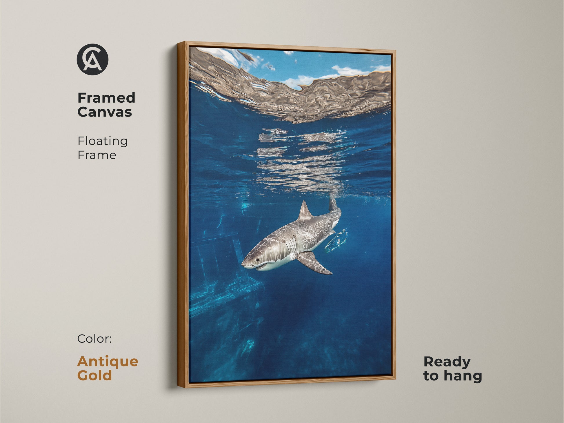 This framed canvas with a floating frame features contemporary art of a Great White Shark in the deep blue ocean. The marine life artwork is ready to hang. The antique gold frame accentuates the blue ocean animal artwork a perfect gift for shark lovers.