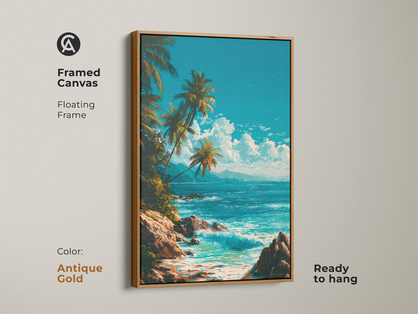Framed canvas art in antique gold featuring a tropical beach. Coastal artwork with palm trees and ocean waves. This floating frame is ready to hang. Elevate your space with this artwork.