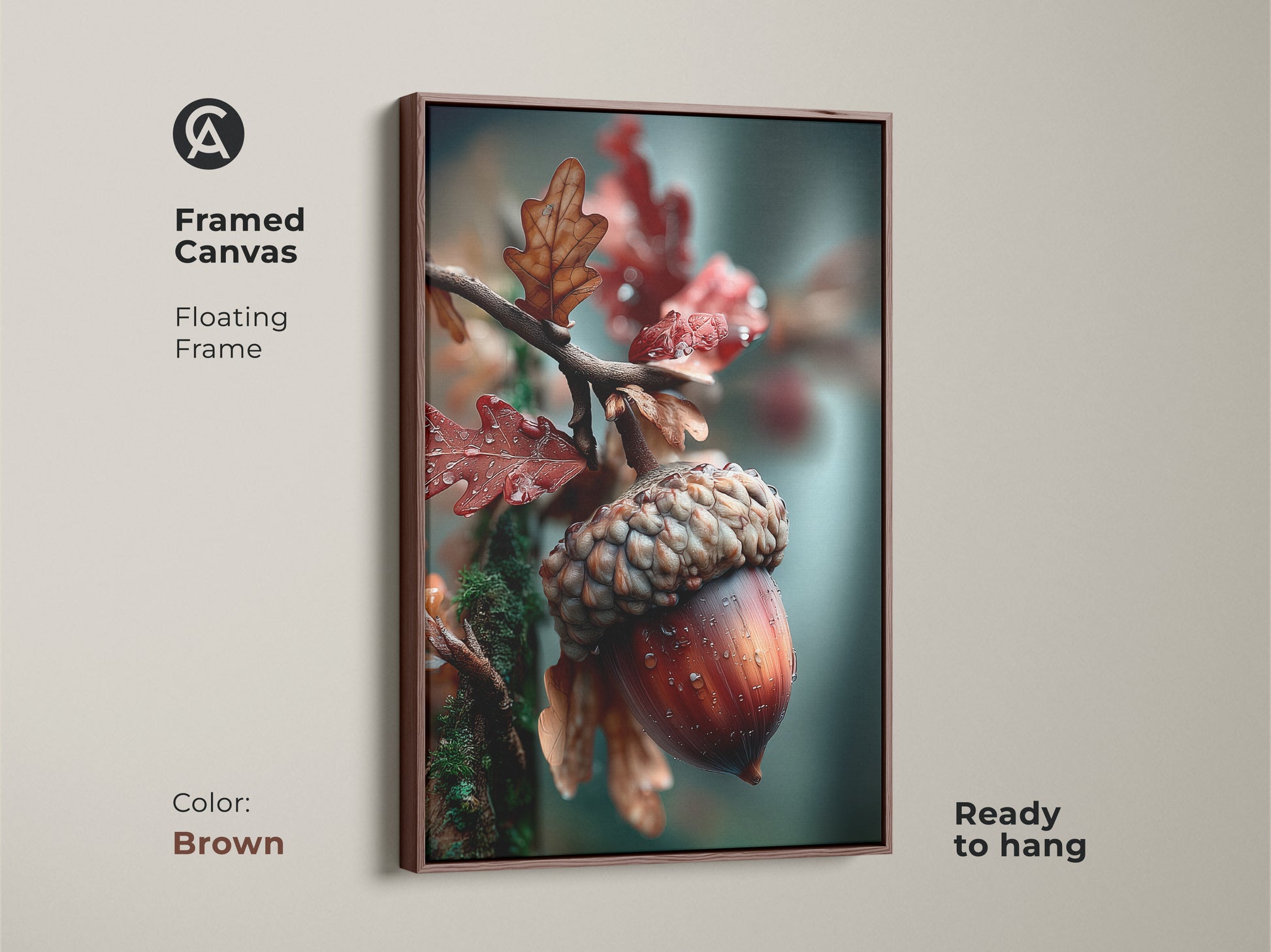 Framed canvas print of an acorn and oak leaves. The floating frame is brown. This acorn artwork is ready to hang. This nature-inspired art adds warmth to your home. The brown frame complements the acorn art.