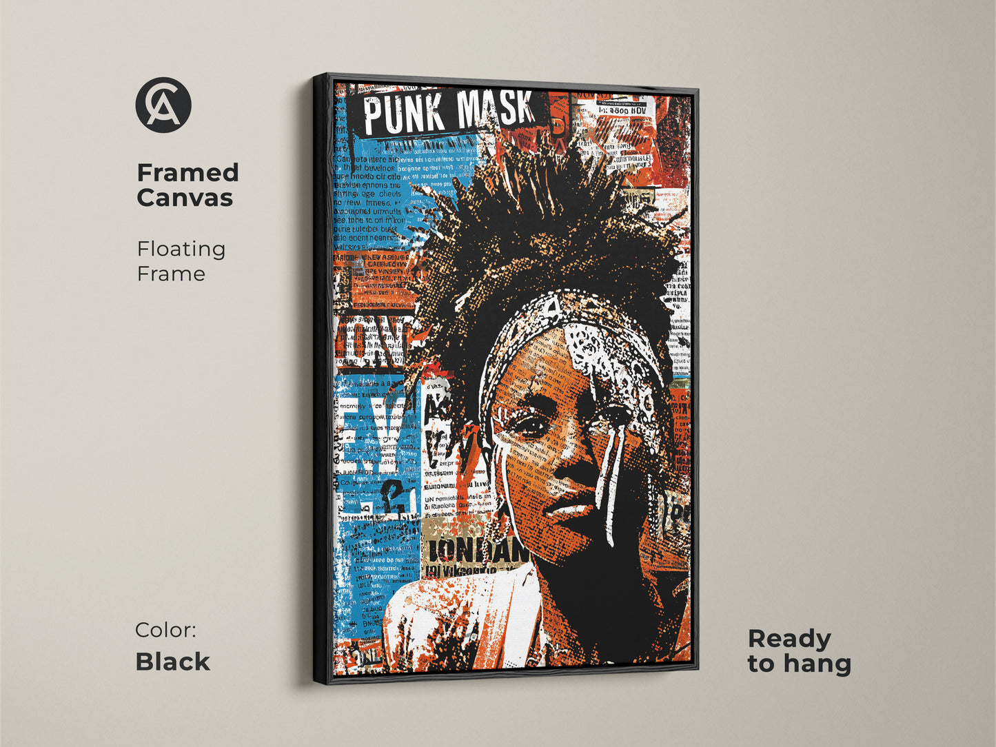 Framed canvas featuring a punk mask woman portrait. This urban street art collage boasts red blue orange hues. The floating frame adds a sophisticated touch. It is ready to hang. The black frame complements the bold artwork. Perfect for eclectic wall decor. This is an alternative music decor piece.