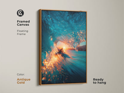 Capture the thrill of surfing with this framed canvas artwork. A surfer is riding inside a blue wave at sunset. The floating frame has an antique gold finish. Elevate your wall decor with this ready to hang fine art piece.