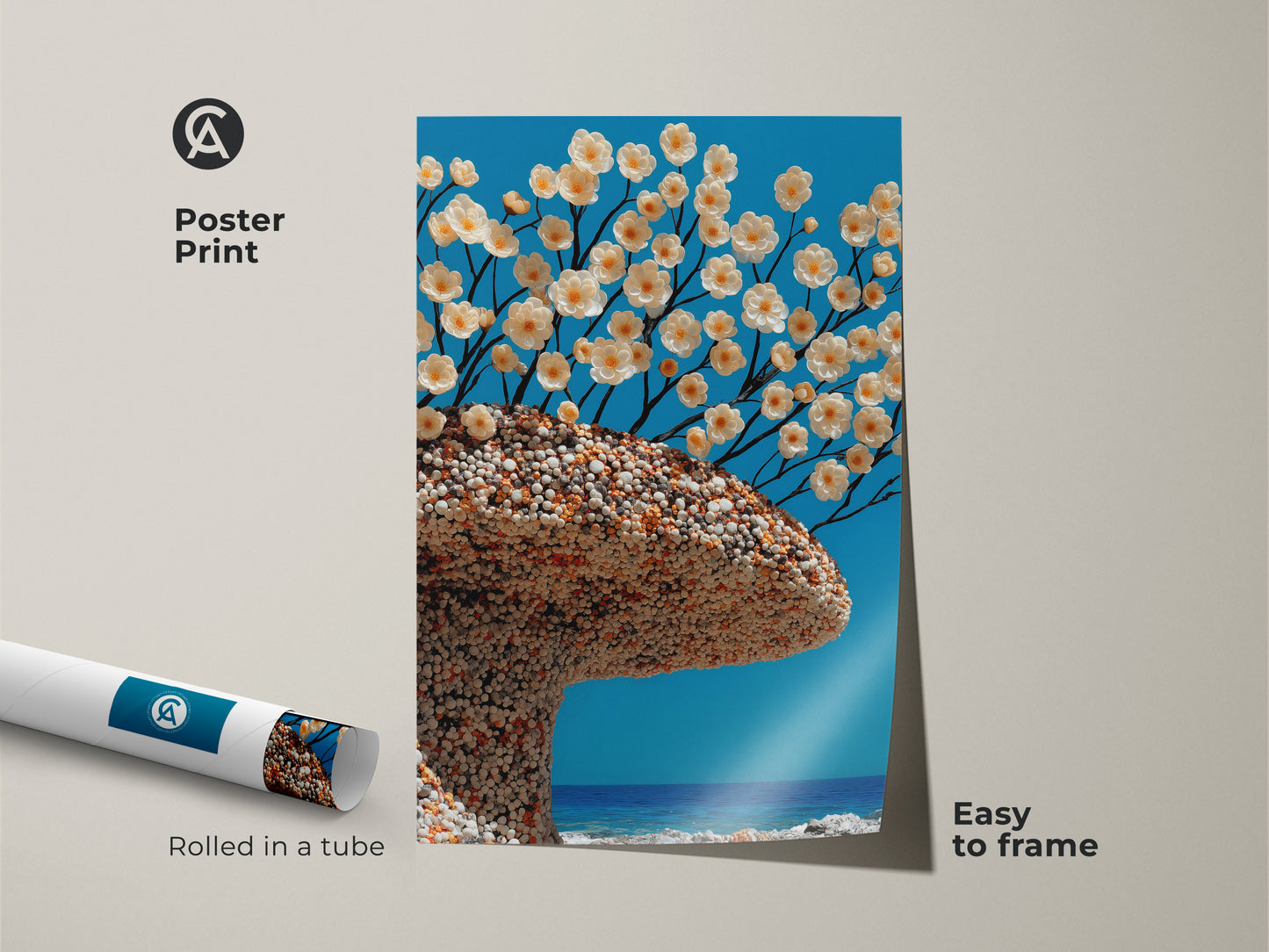 Poster print of a surreal botanical tree artwork. This easy-to-frame print displays white flowers against an aqua blue backdrop. Rolled in a tube it's perfect for plant lovers. The art nouveau art creates a unique focal point for your home decor.