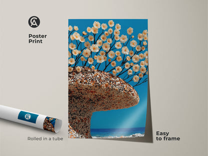 Poster print of a surreal botanical tree artwork. This easy-to-frame print displays white flowers against an aqua blue backdrop. Rolled in a tube it's perfect for plant lovers. The art nouveau art creates a unique focal point for your home decor.