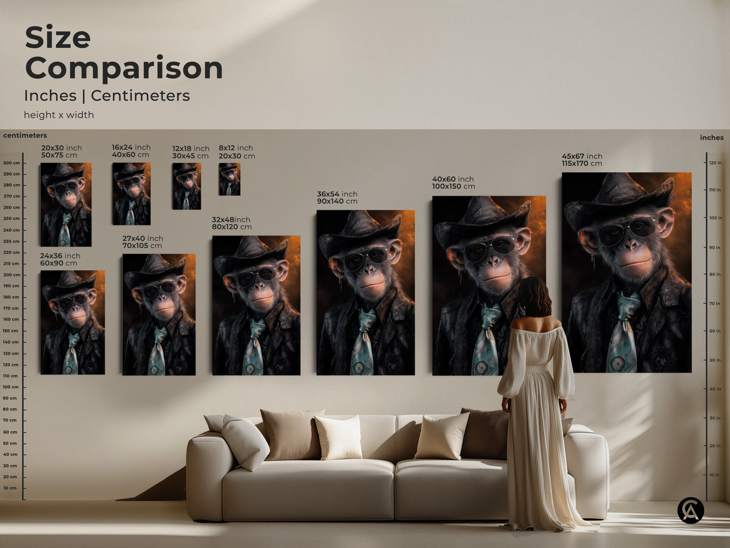 Size comparison of inches and centimeters for photorealistic chimp art prints. Choose from various sizes to fit your space. The stylish monkey with hat art complements any room. It's an animal lover gift for him. It's a conversation starter wall art.