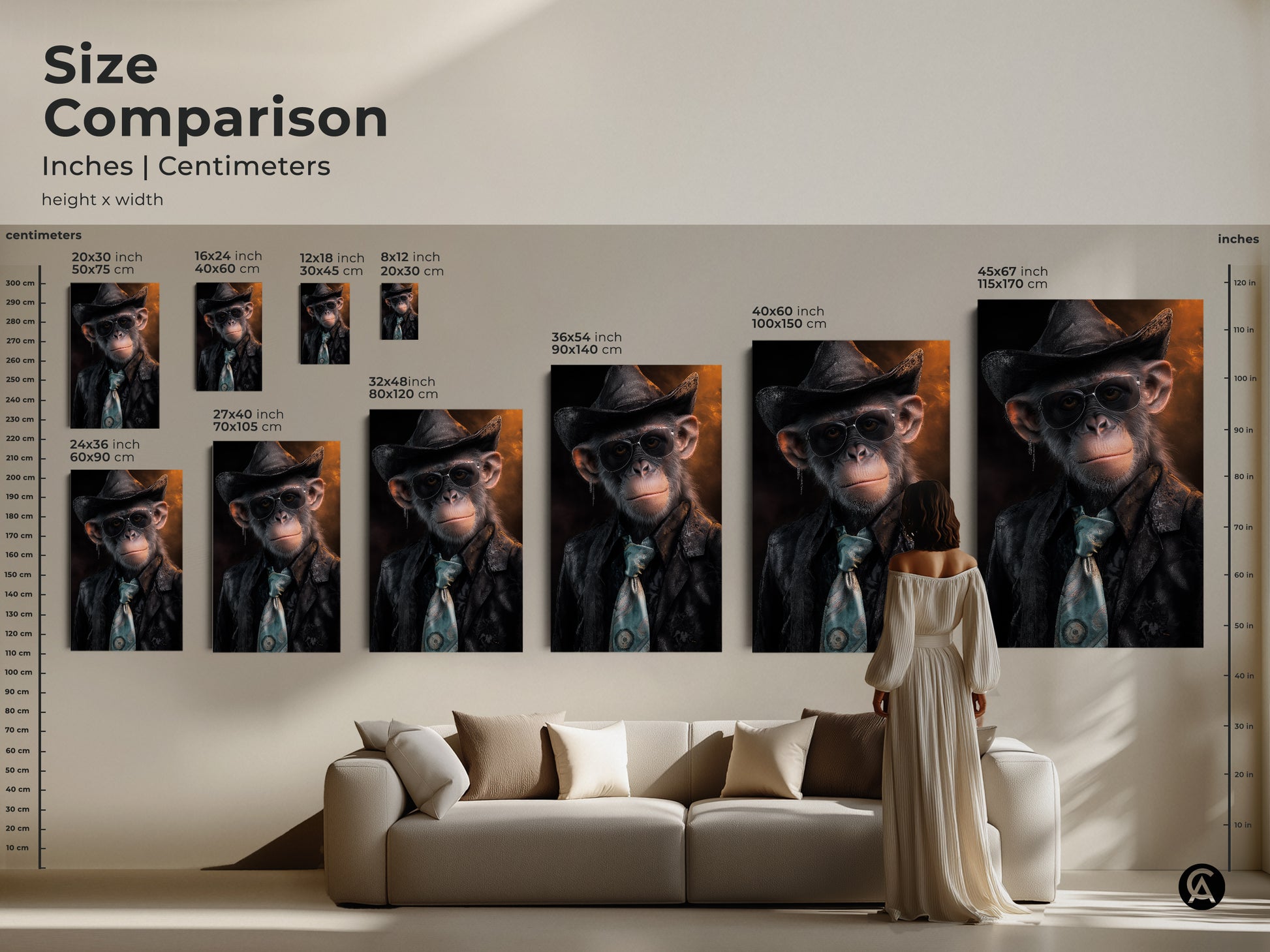 Size comparison of inches and centimeters for photorealistic chimp art prints. Choose from various sizes to fit your space. The stylish monkey with hat art complements any room. It's an animal lover gift for him. It's a conversation starter wall art.