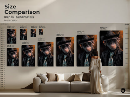 Size comparison of inches and centimeters for photorealistic chimp art prints. Choose from various sizes to fit your space. The stylish monkey with hat art complements any room. It's an animal lover gift for him. It's a conversation starter wall art.