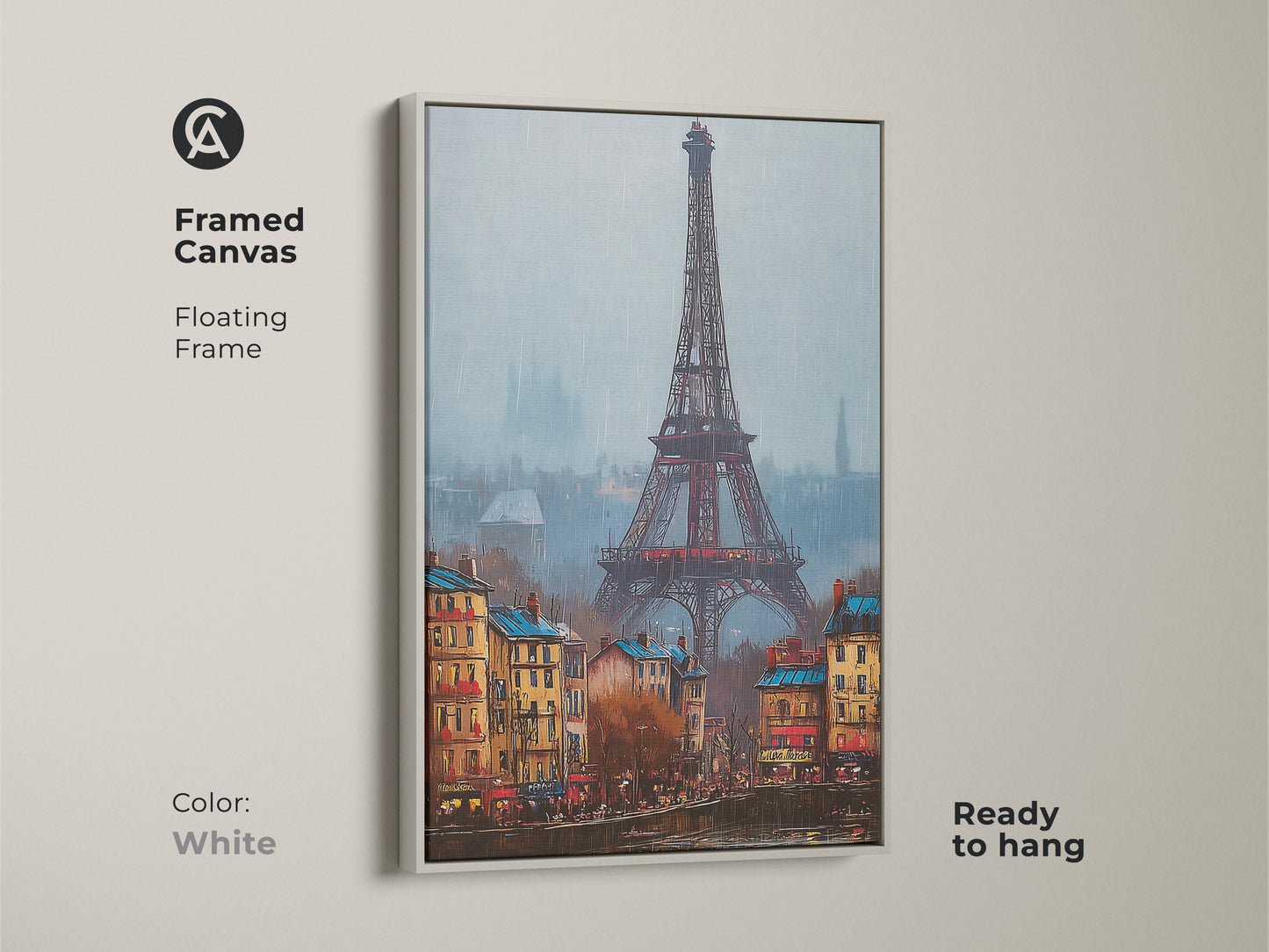 Eiffel Tower canvas print in a white floating frame. The art displays the Parisian landmark with architectural details. It is a ready to hang piece for easy home decor. Add a European touch to your living space.