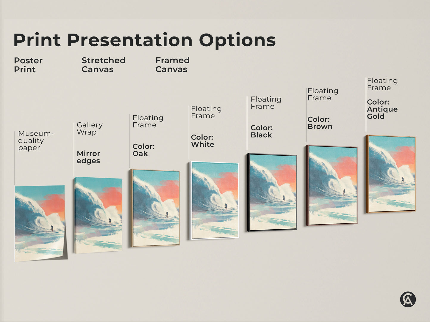 Print presentation options for surfing artwork. See poster prints stretched canvases and framed canvases. Various floating frame colors are available. Options include oak white black brown and antique gold. Find the perfect surf art for your decor.