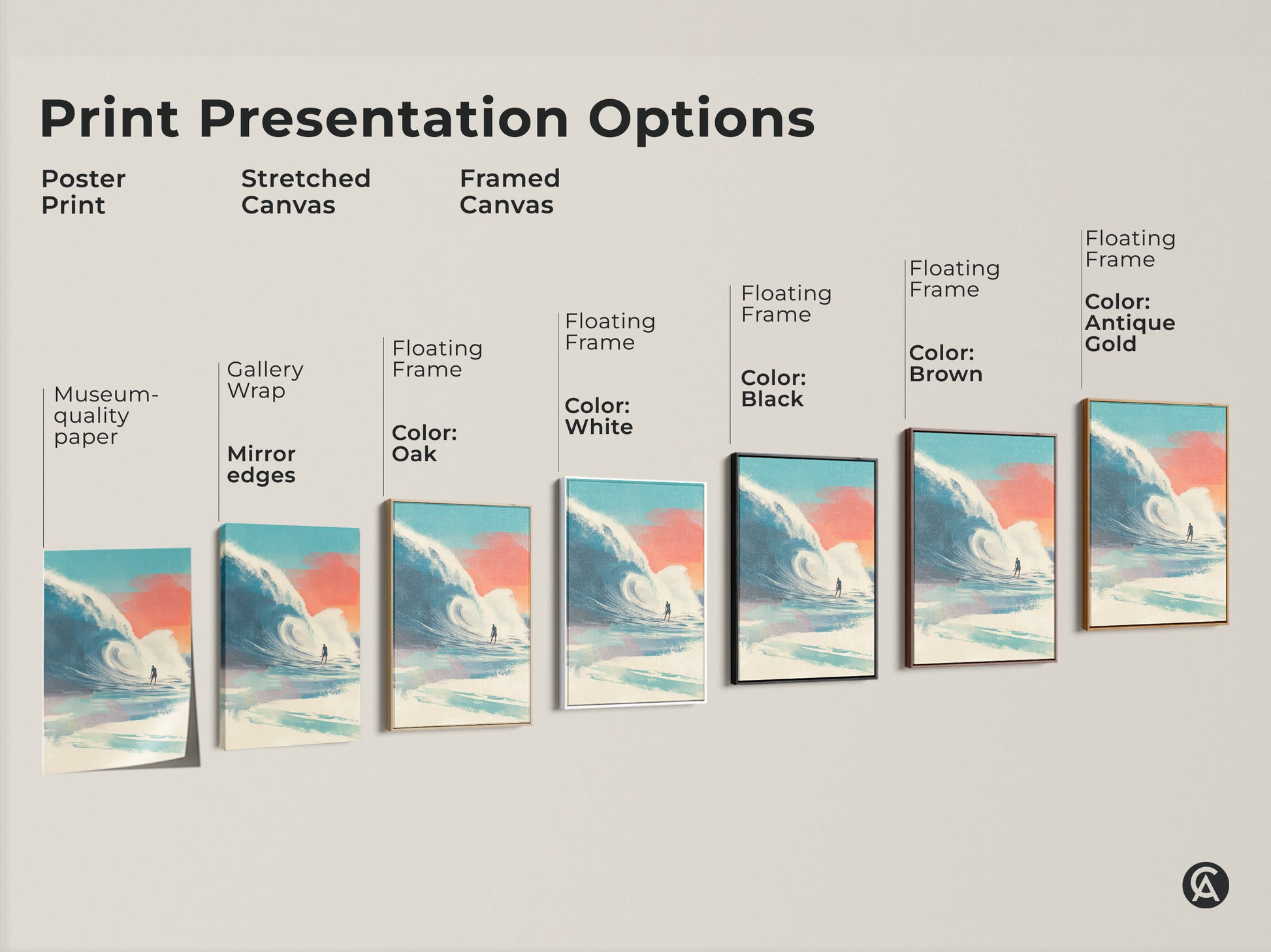 Print presentation options for surfing artwork. See poster prints stretched canvases and framed canvases. Various floating frame colors are available. Options include oak white black brown and antique gold. Find the perfect surf art for your decor.