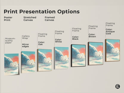 Print presentation options for surfing artwork. See poster prints stretched canvases and framed canvases. Various floating frame colors are available. Options include oak white black brown and antique gold. Find the perfect surf art for your decor.