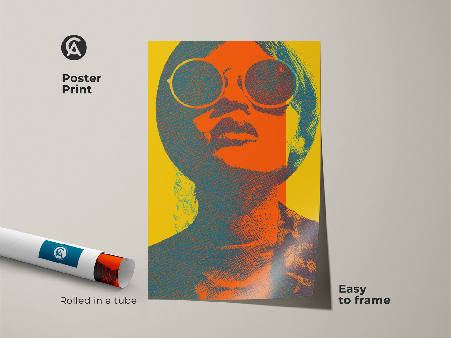Pop art woman poster print is easy to frame. This retro portrait canvas features abstract sunglasses art. The orange teal yellow decor is perfect for eclectic wall art. The vintage style artwork has bold colors. This modern face art is a unique home decor piece. It is rolled in a tube for protection.
