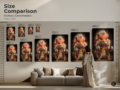 This size comparison depicts the inches and centimeters of our funny hamster lifting weights wall art. This artwork ranges from 20x30 cm to 45x67 inch. Discover the perfect fit for your living room with our size comparison guide. This unique gym poster will be an eye-catcher.