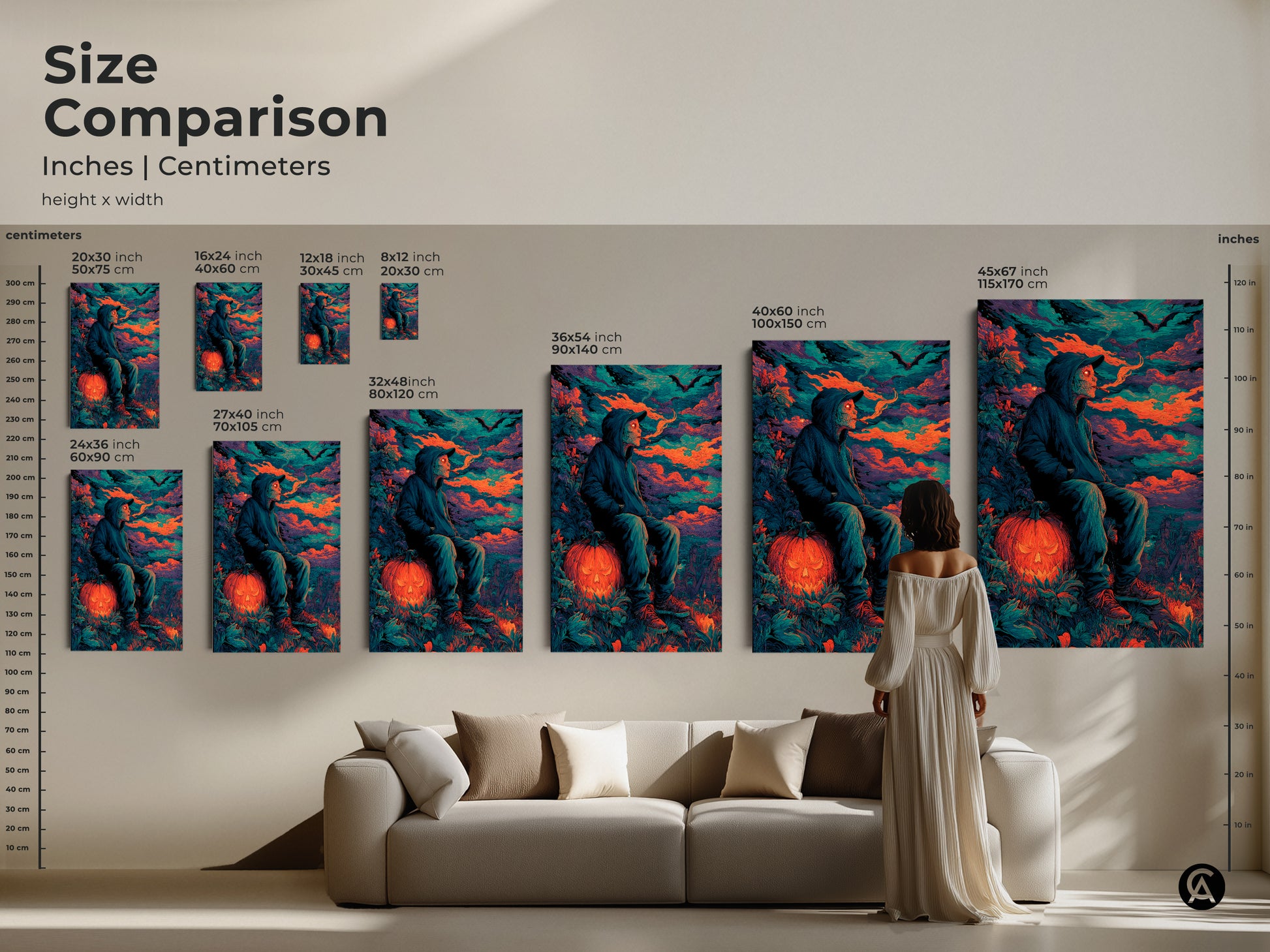 Compare sizes of this captivating Halloween art. The size comparison shows the hooded figure and jack-o'-lantern artwork in various dimensions. Visualize how each size fits with your home decor. From small prints to large statement pieces.
