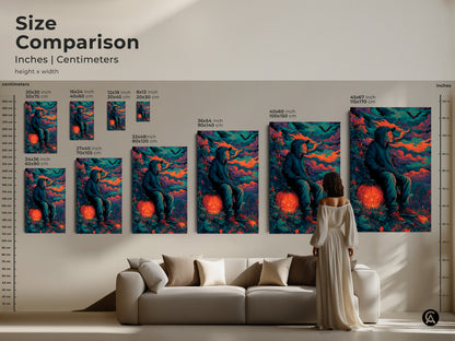 Compare sizes of this captivating Halloween art. The size comparison shows the hooded figure and jack-o'-lantern artwork in various dimensions. Visualize how each size fits with your home decor. From small prints to large statement pieces.