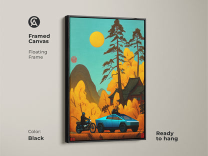 Framed canvas featuring a Cybertruck and motorcycle in a Japanese retro style. The black floating frame enhances this automotive artwork. Ready to hang it's perfect for car enthusiasts. The teal and orange landscape adds a unique touch to any space. This is cool garage wall art.
