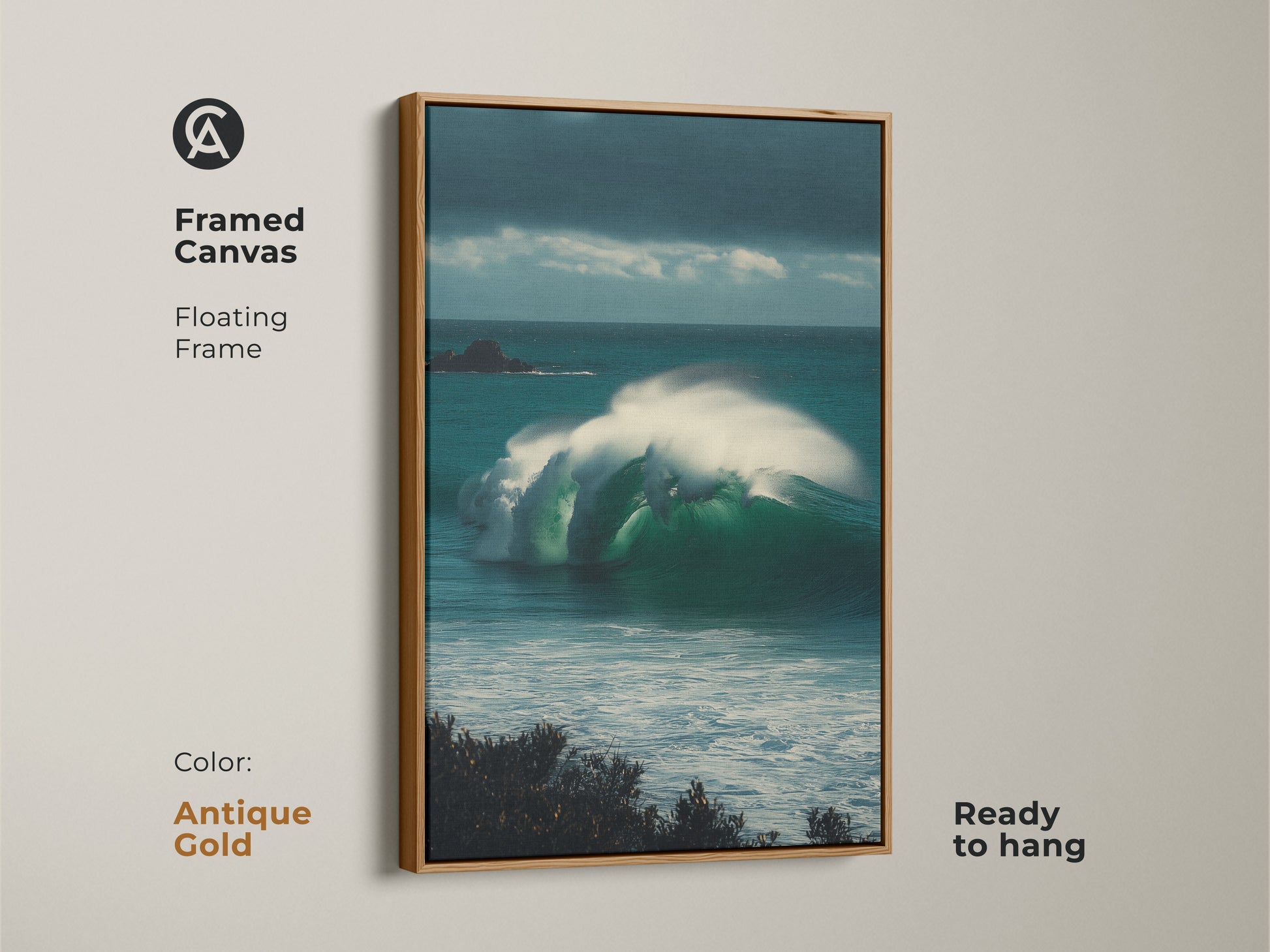 Antique Gold Framed Ocean Wave Art. This framed canvas showcases a deep blue and emerald green seascape. The large ocean canvas print is ready to hang in any coastal living room.