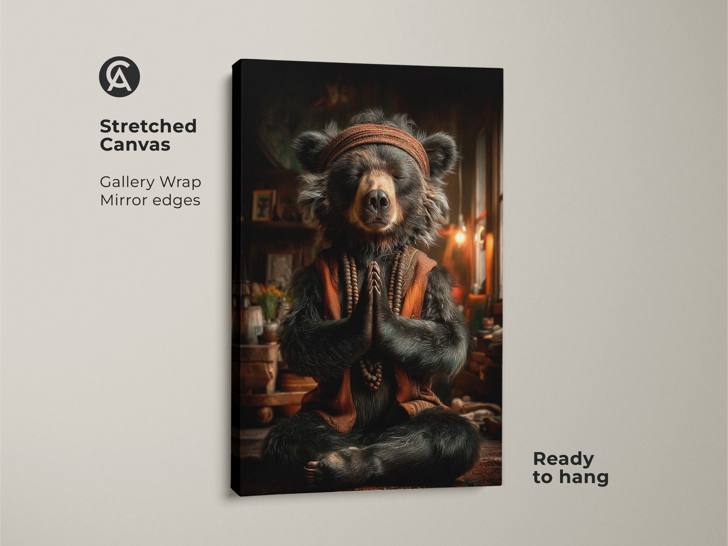 Stretched Canvas showcasing a meditative bear wall art piece. The gallery wrap features mirror edges. It's ready to hang. This boho animal print offers a spiritual yoga gift idea. A serene and mindful home art piece.