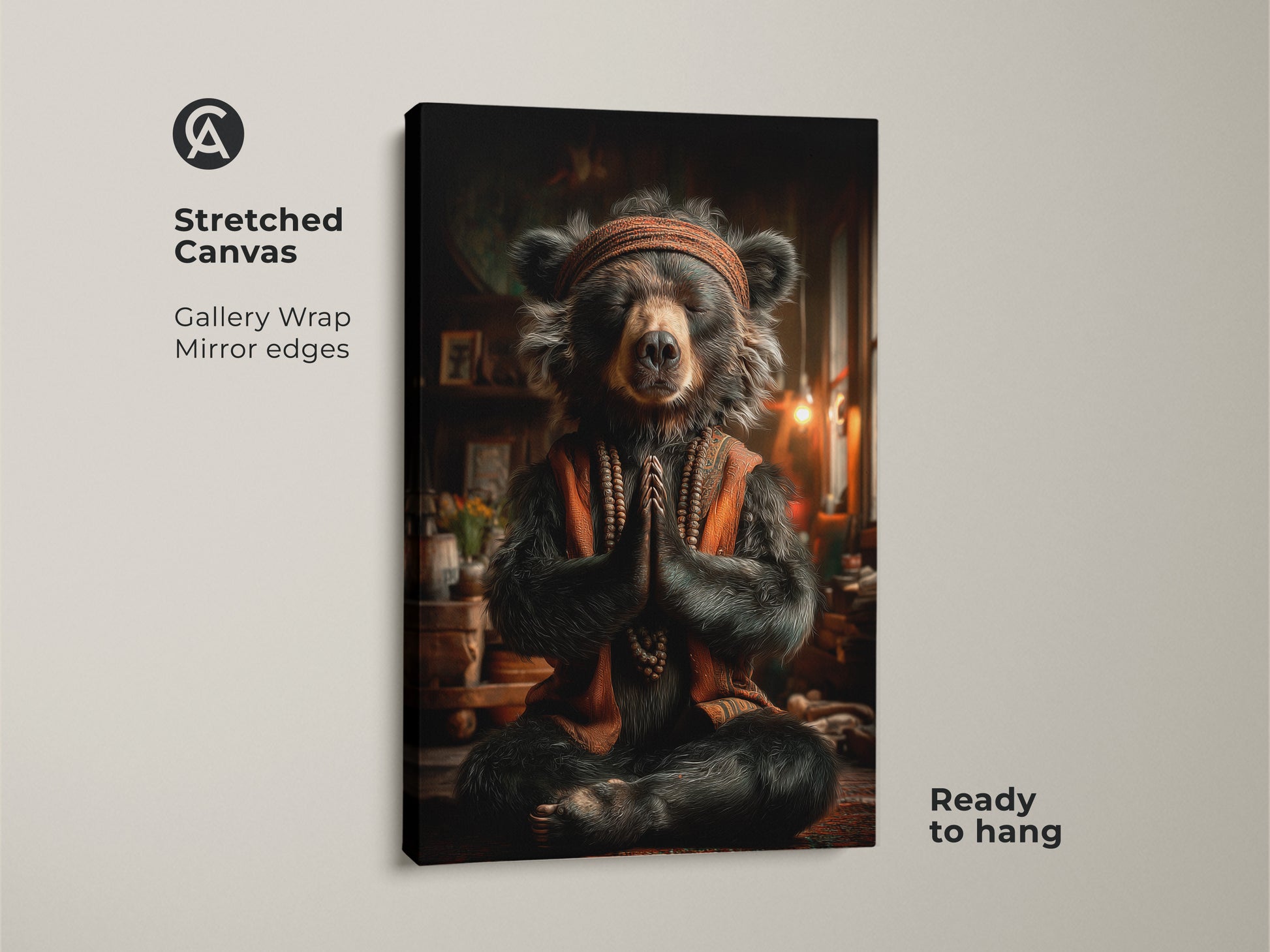 Stretched Canvas showcasing a meditative bear wall art piece. The gallery wrap features mirror edges. It's ready to hang. This boho animal print offers a spiritual yoga gift idea. A serene and mindful home art piece.