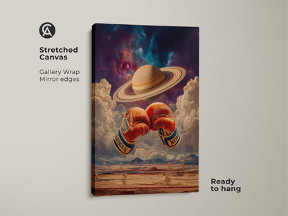 Stretched canvas print of boxing gloves in space. This Saturn ring artwork is ready to hang. Gallery wrap with mirror edges. A sci-fi man cave art. Perfect gift for space lovers and boxing fans. Add this unique boxing artwork to your space.