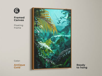 Antique gold framed canvas featuring a green jungle scene. This framed rainforest print is ready to hang and showcases teal rainforest artwork. The organic modern art is perfect for a housewarming gift for plant parents and nature enthusiasts.