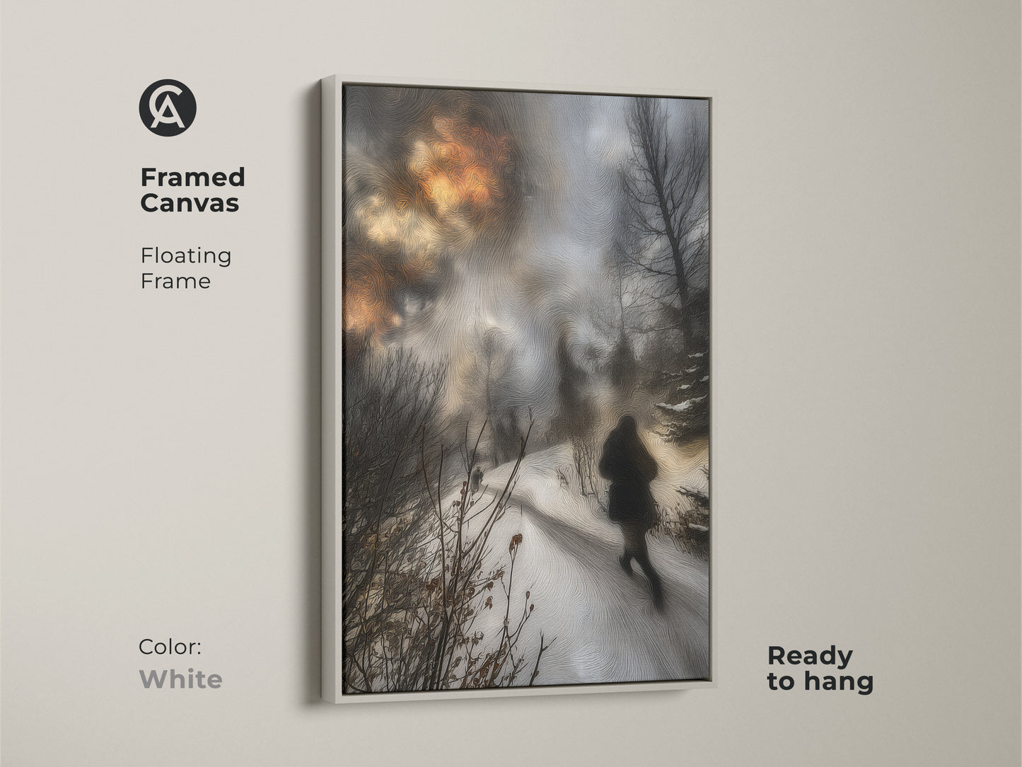 Framed canvas print of a winter scene with a white floating frame.  This serene nature artwork is ready to hang. This contemporary wall art adds a touch of modern beauty to any space.
