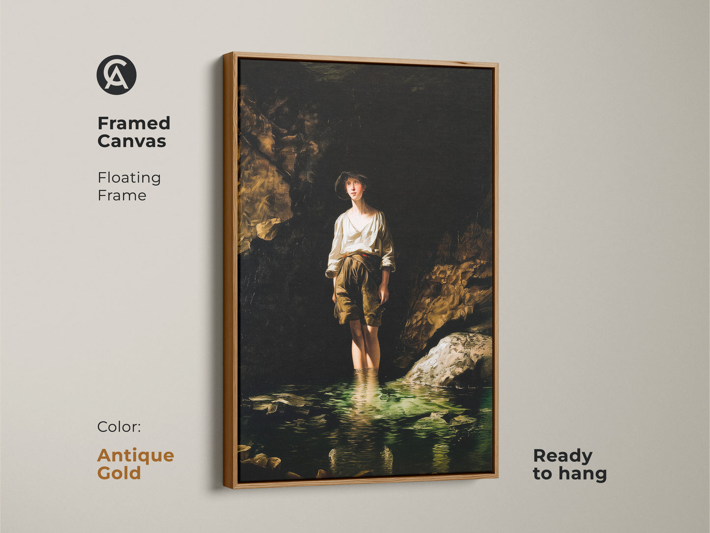 Framed canvas with a floating antique gold frame displays a boy in a river. Add historical charm with this traditional artwork. Ready to hang and perfect for art lovers. Classic art for your bedroom or study room.