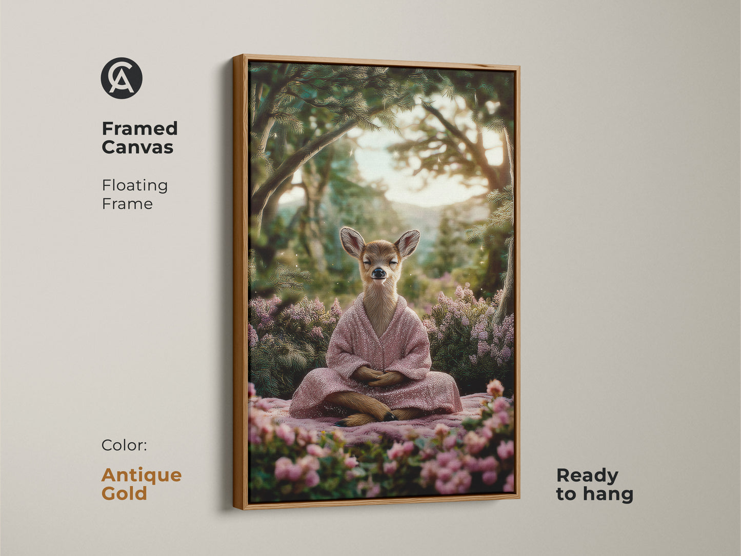 This zen deer art is on a framed canvas. It features a floating frame in antique gold. The forest yoga canvas print is ready to hang. This boho bedroom wall decor is a mindfulness gift for yogis. The spiritual wall art is nature forest deer print.