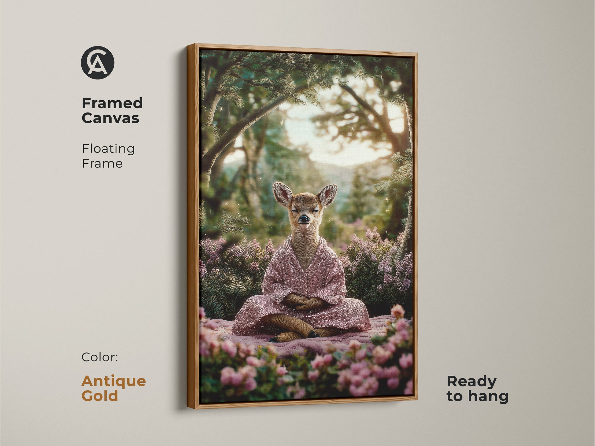 This zen deer art is on a framed canvas. It features a floating frame in antique gold. The forest yoga canvas print is ready to hang. This boho bedroom wall decor is a mindfulness gift for yogis. The spiritual wall art is nature forest deer print.